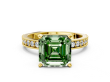 Yellow gold Fancy Green Asscher  Milgrain Pave Diamond Engagement Ring with Four-Prong Setting