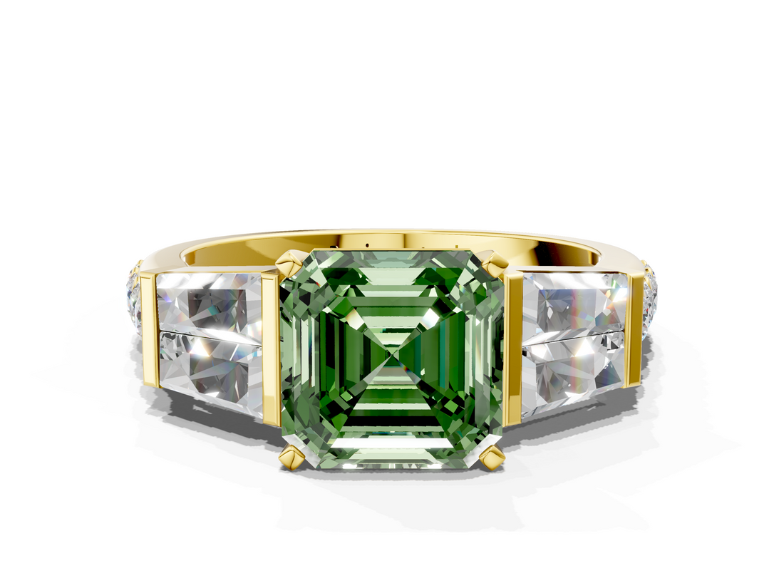 Yellow gold Fancy Green Asscher  Solitaire Baguette Side Stone Channel Set Engagement Ring