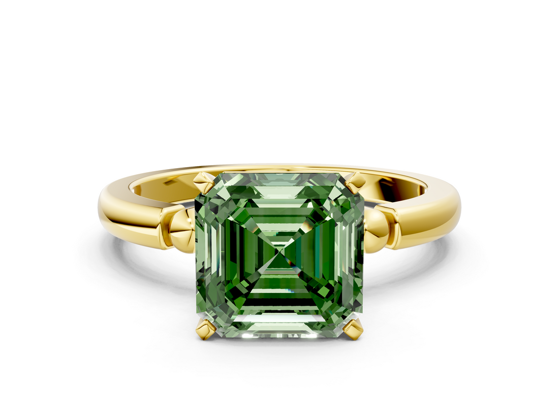 Yellow gold Fancy Green Asscher  Solitaire Beaded Band with Four-Prong Setting