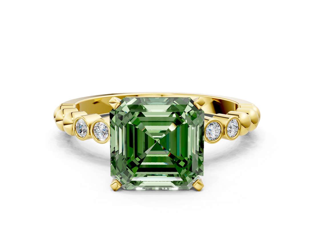 Yellow gold Fancy Green Asscher  Solitaire Bezel Accent Diamond Engagement Ring with Beaded Band and Four-Prong Setting