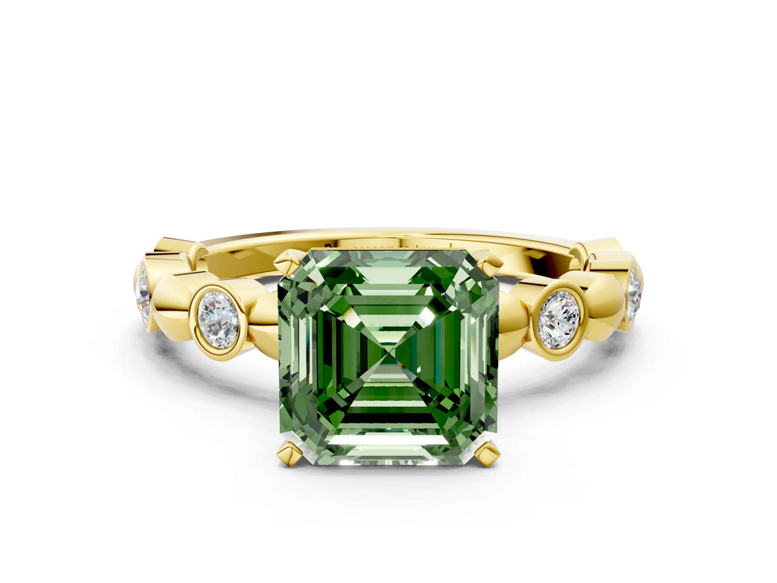 Yellow gold Fancy Green Asscher  Solitaire Bezel-Set Diamond Ring with Beaded Band and Four-Prong Setting_30