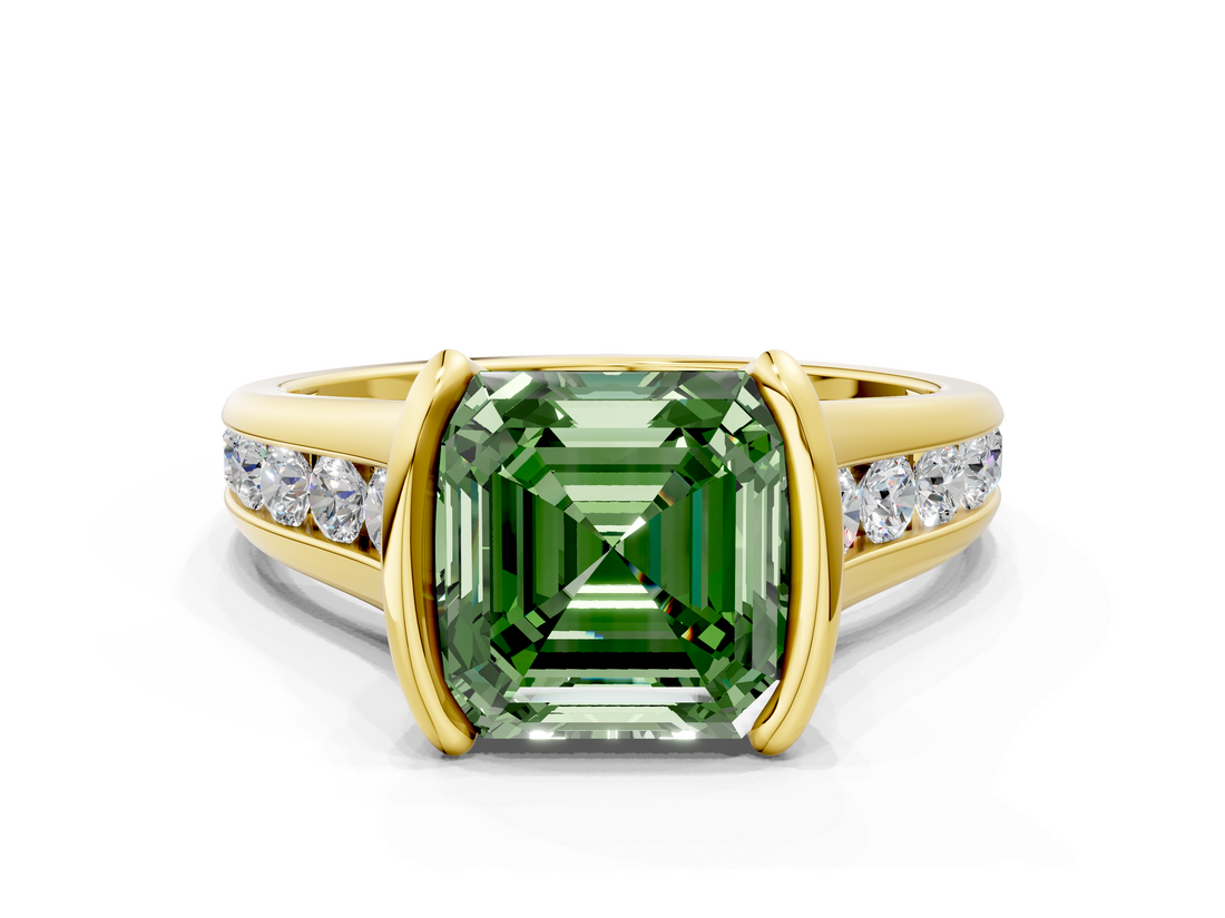 Yellow gold Fancy Green Asscher  Solitaire Bezel-Set Diamond Ring with Channel-Set Band_18