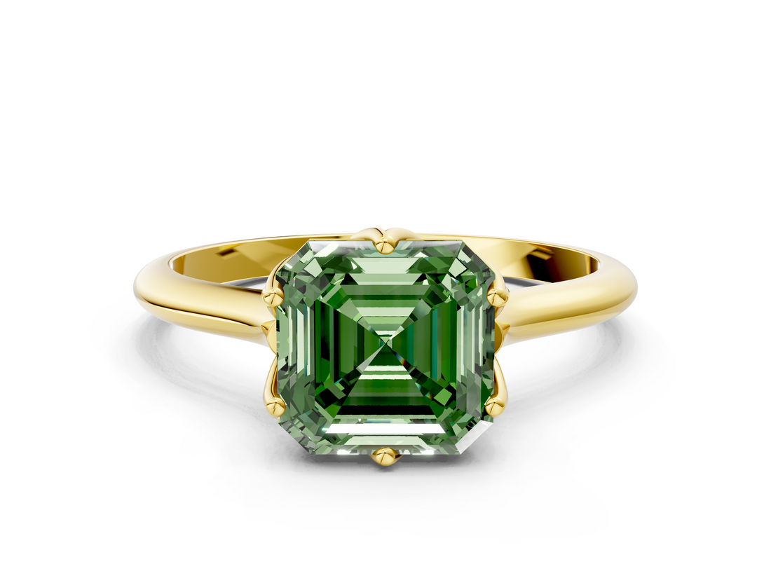 Yellow gold Fancy Green Asscher  Solitaire Cathedral Diamond Ring with Six-Prong Setting