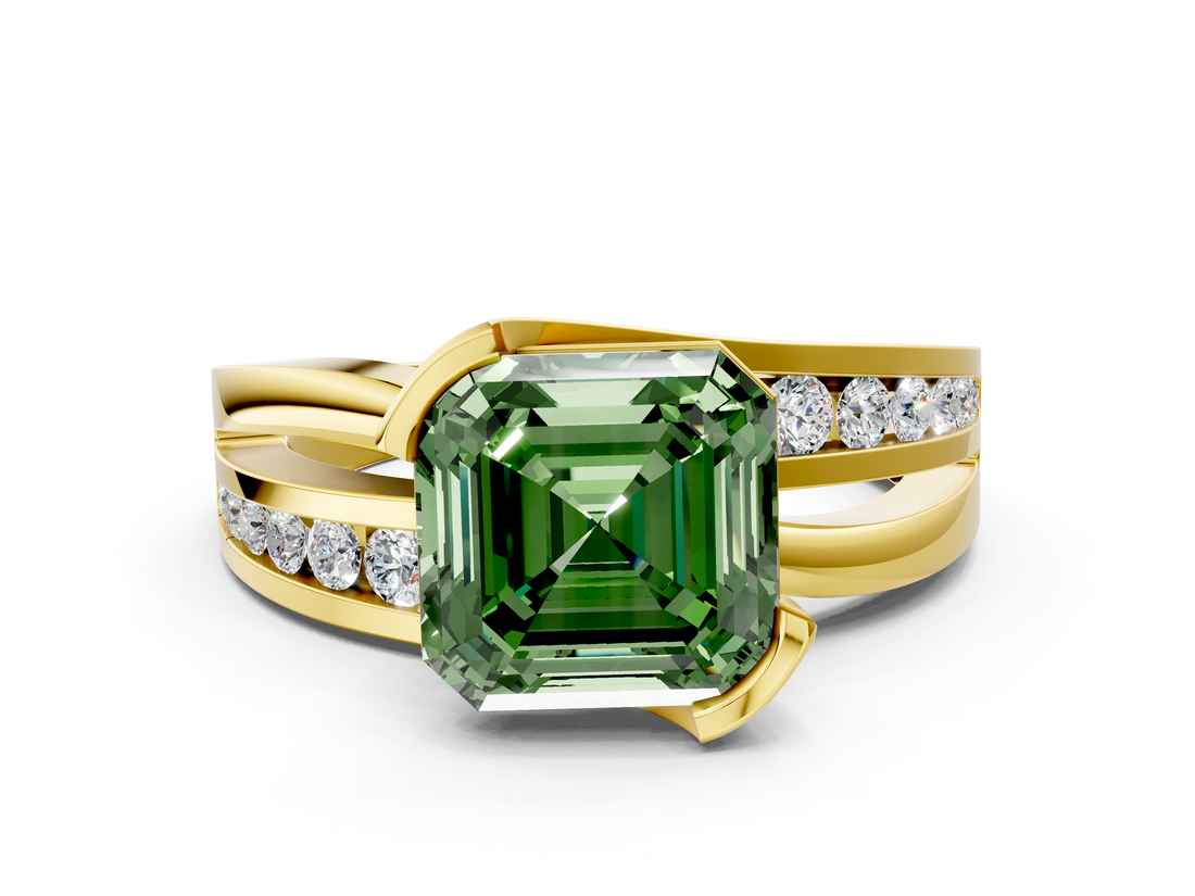 Yellow gold Fancy Green Asscher  Solitaire Channel-Set Split Shank Ring with Tension Prong Setting_3