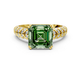 Yellow gold Fancy Green Asscher  Solitaire Chevron Pave Diamond Engagement Ring with Six-Prong Setting
