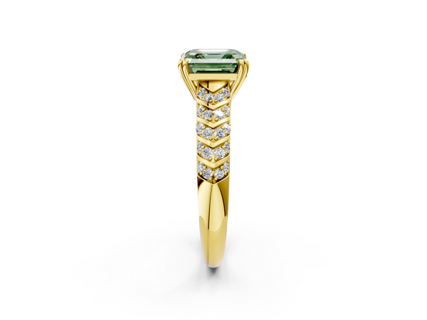 Yellow Gold Asscher Cut Chevron Pave Solitaire Engagement Ring Setting for Fancy Green Center
