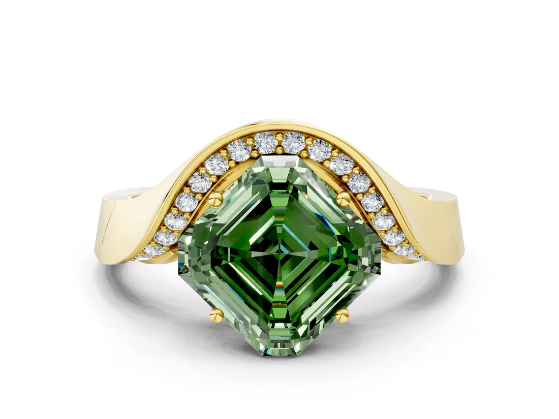 Yellow gold Fancy Green Asscher  Solitaire Diamond Engagement Ring with Pave Band and Four-Prong Setting 1