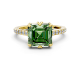 Yellow gold Fancy Green Asscher  Solitaire Diamond Engagement Ring with Pave Band and Six-Prong Setting