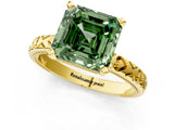 Yellow gold Fancy Green Asscher  Solitaire Diamond Engagement Ring with XO Engraved Band and Four-Prong Setting 2
