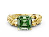 Yellow gold Fancy Green Asscher  Solitaire Diamond Leaf Vine Band with Prong Setting_16