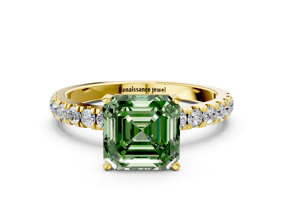 Yellow gold Fancy Green Asscher  Solitaire Diamond Pavé Band with Four-Prong Setting