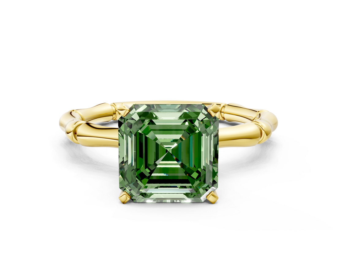 Yellow gold Fancy Green Asscher  Solitaire Diamond Ring with Bamboo Band and Four-Prong Setting_17