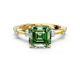 Yellow gold Fancy Green Asscher  Solitaire Diamond Ring with Bezel Set Side Stones and Prong Setting