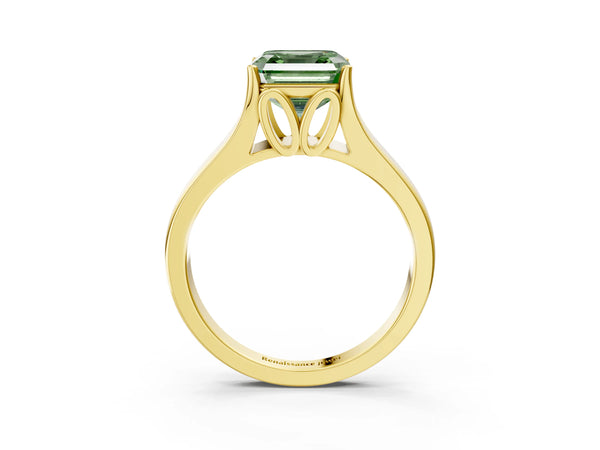 Yellow Gold Asscher Cut Cathedral Solitaire Engagement Ring Setting for Fancy Green Center with Split Shoulders