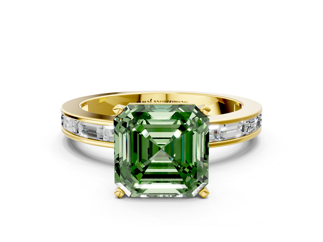 Yellow gold Fancy Green Asscher  Solitaire Diamond Ring with Channel-Set Baguette Band and Four-Prong Setting_17