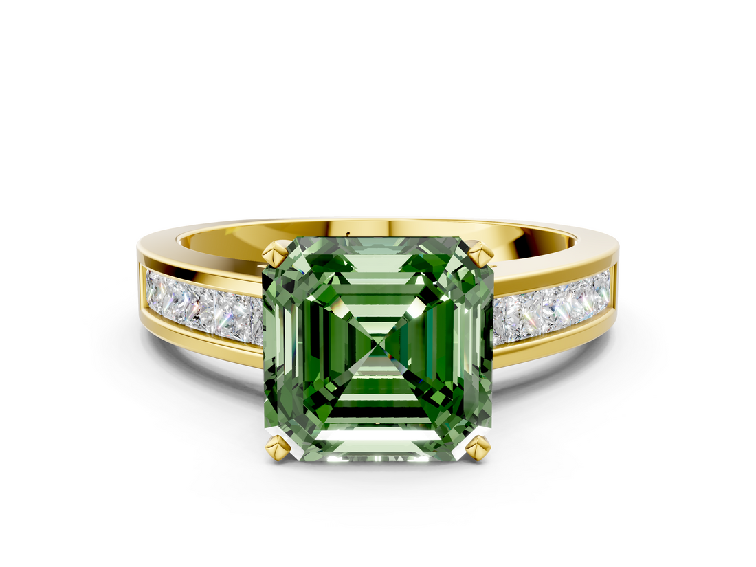 Yellow gold Fancy Green Asscher  Solitaire Diamond Ring with Channel-Set Band and Four-Prong Setting_20