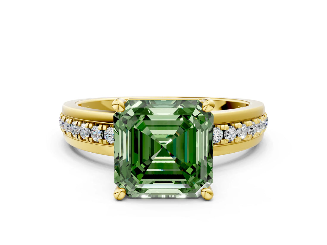 Yellow gold Fancy Green Asscher  Solitaire Diamond Ring with Channel Set Band and Six-Prong Setting_46