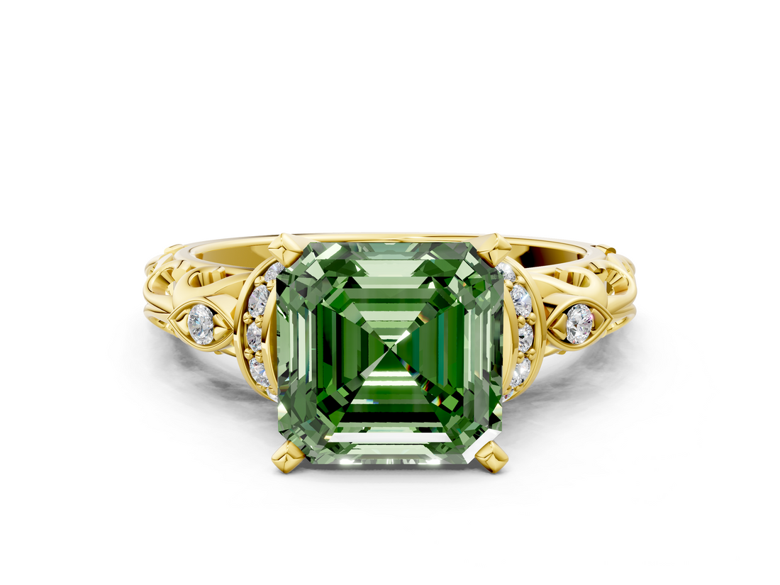 Yellow gold Fancy Green Asscher  Solitaire Diamond Ring with Filigree Band and Four-Prong Setting