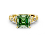 Yellow gold Fancy Green Asscher  Solitaire Diamond Ring with Filigree Band and Four-Prong Setting