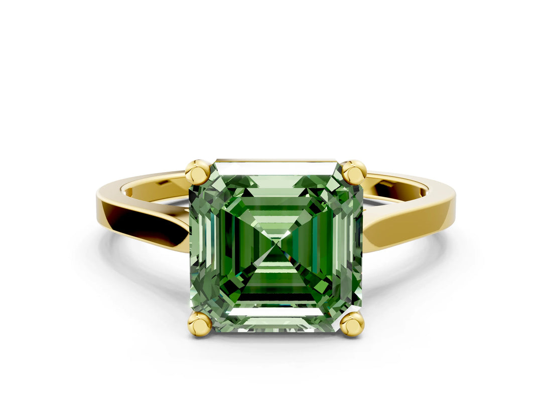 Yellow gold Fancy Green Asscher  Solitaire Diamond Ring with Four-Prong Setting and Tapered Band 1