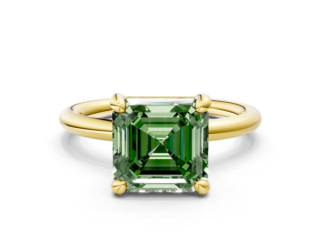 Yellow gold Fancy Green Asscher  Solitaire Diamond Ring with Four-Prong Setting on a Plain Band_20