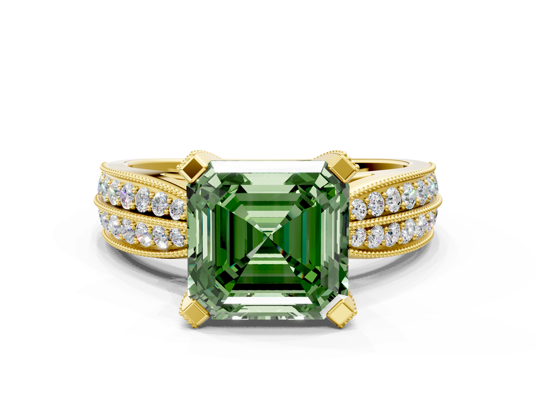 Yellow gold Fancy Green Asscher  Solitaire Diamond Ring with Milgrain Pavé Band and Four-Prong Setting_54