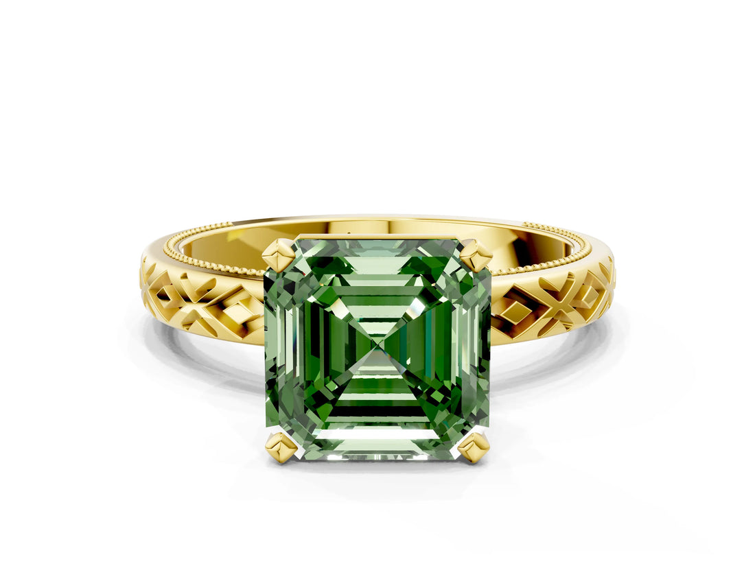 Yellow gold Fancy Green Asscher  Solitaire Diamond Ring with Milgrain and Black Enamel X Pattern Band_46