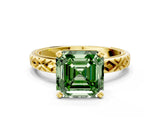 Yellow gold Fancy Green Asscher  Solitaire Diamond Ring with Milgrain and Black Enamel X Pattern Band_46