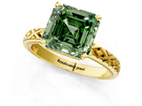 Yellow gold Fancy Green Asscher  Solitaire Diamond Ring with Milgrain and Black Enamel X Pattern Band_47