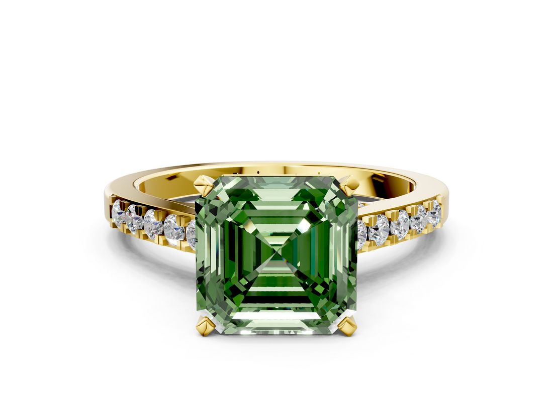 Yellow gold Fancy Green Asscher  Solitaire Diamond Ring with Pavé Band and Four-Prong Setting