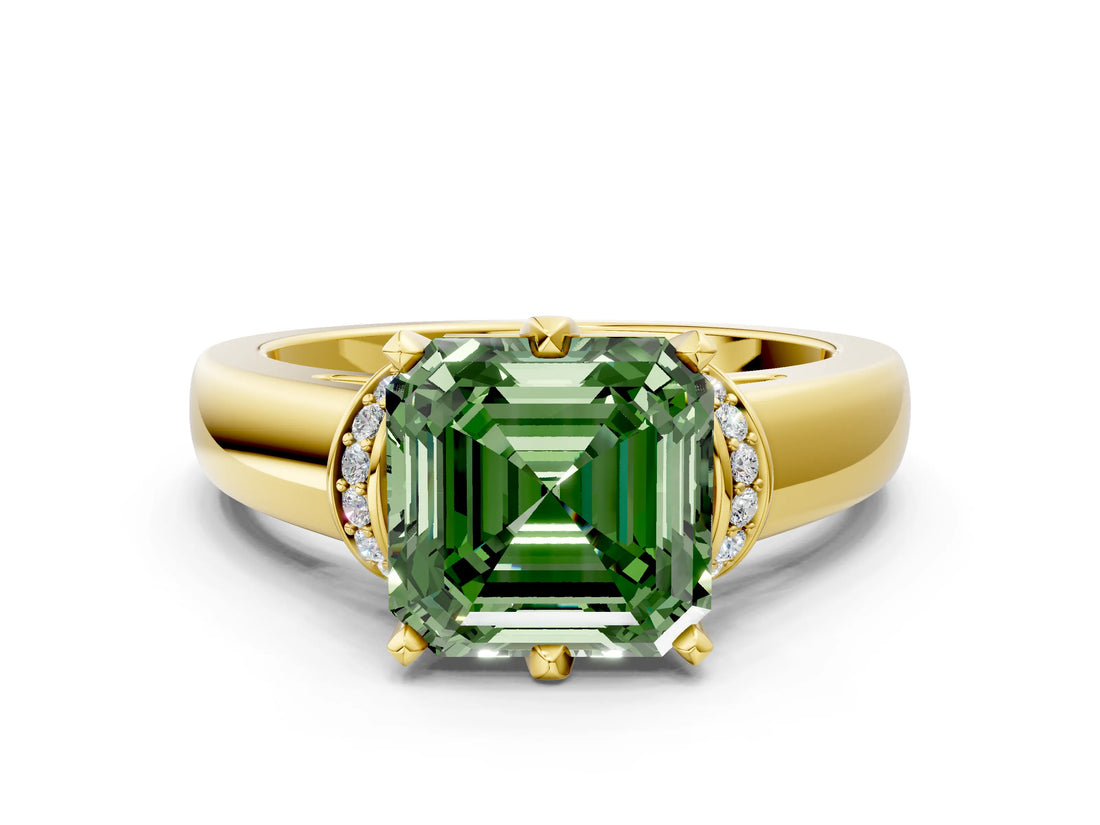 Yellow gold Fancy Green Asscher  Solitaire Diamond Ring with Pave Band and Six-Prong Setting_29