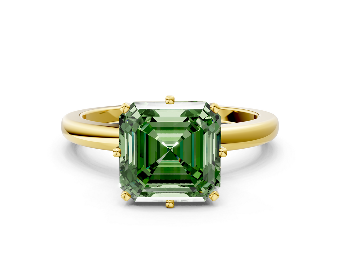 Yellow gold Fancy Green Asscher  Solitaire Diamond Ring with Six-Prong Setting on a Classic Band