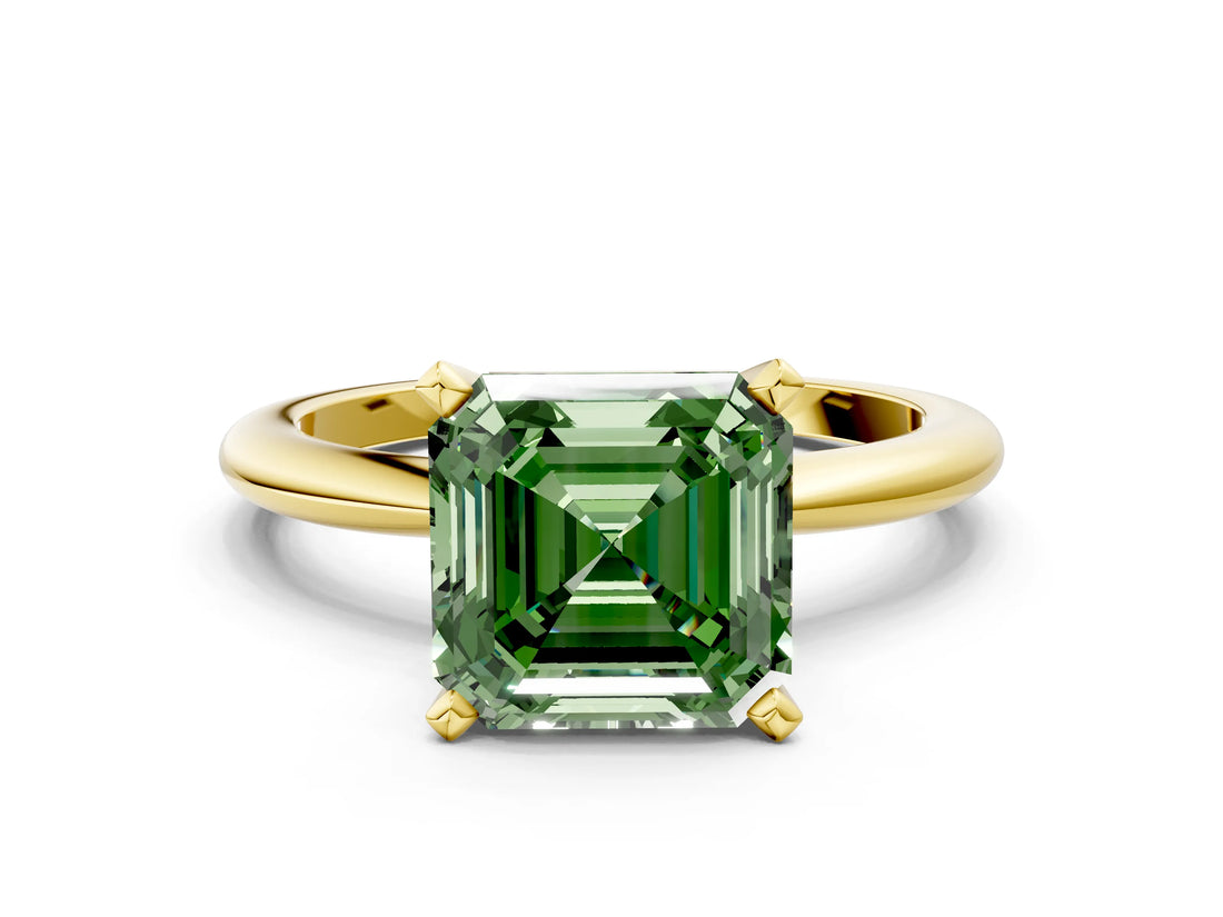 Yellow gold Fancy Green Asscher  Solitaire Diamond Ring with Six-Prong Setting on a Classic Band