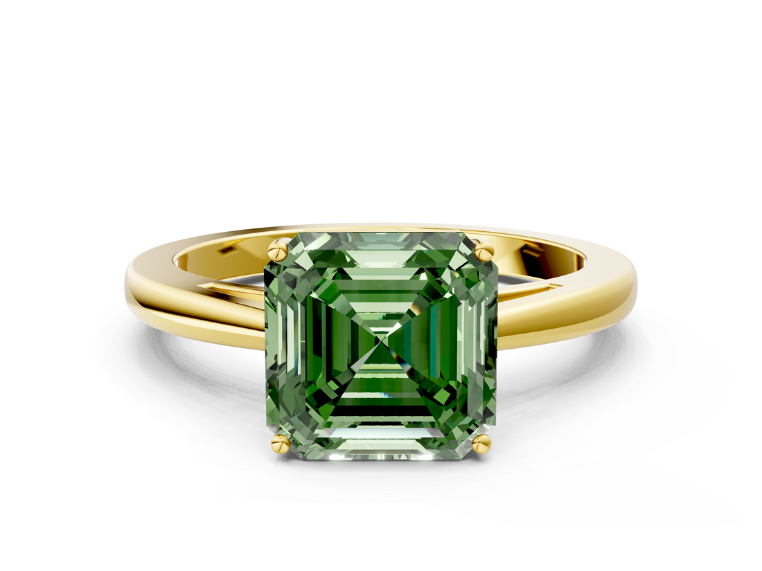 Yellow gold Fancy Green Asscher  Solitaire Diamond Ring with Split Shank and Four-Prong Setting