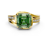 Yellow gold Fancy Green Asscher  Solitaire Diamond Ring with Split Shank and Prong Setting
