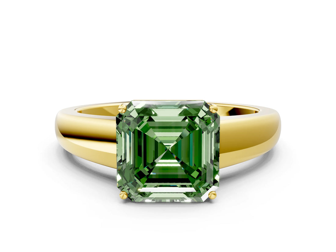 Yellow gold Fancy Green Asscher  Solitaire Diamond Ring with Tapered Band and Four-Prong Setting_29