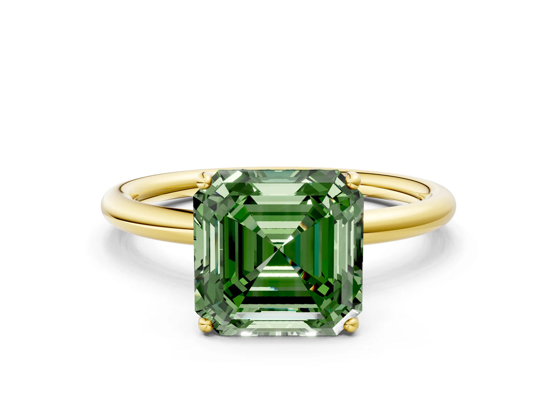 Yellow gold Fancy Green Asscher  Solitaire Diamond Ring with a Classic Band and Four-Prong Setting 1
