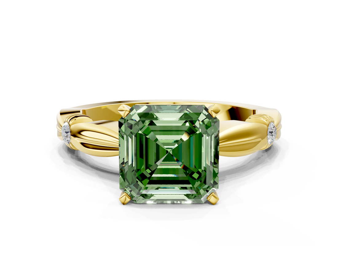 Yellow gold Fancy Green Asscher  Solitaire Diamond Twisted Band with Four-Prong Setting