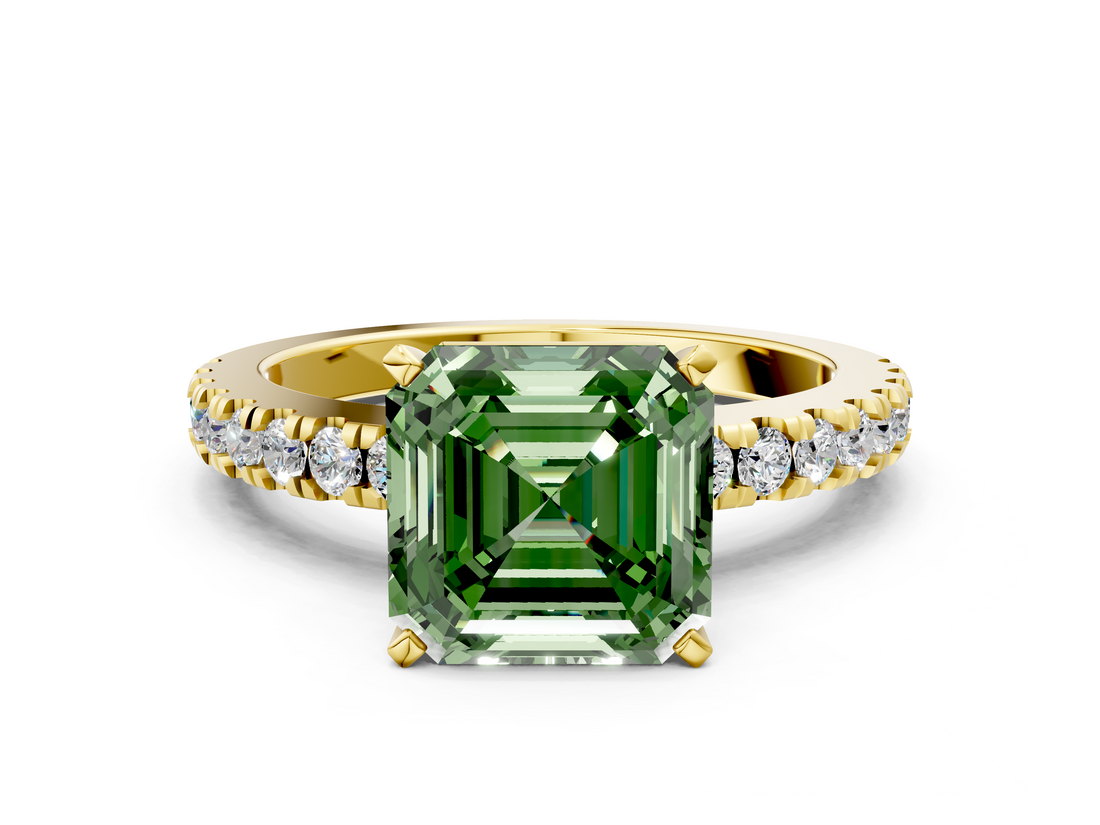 Yellow gold Fancy Green Asscher  Solitaire Diamond with Pavé Band and Four-Prong Setting_18