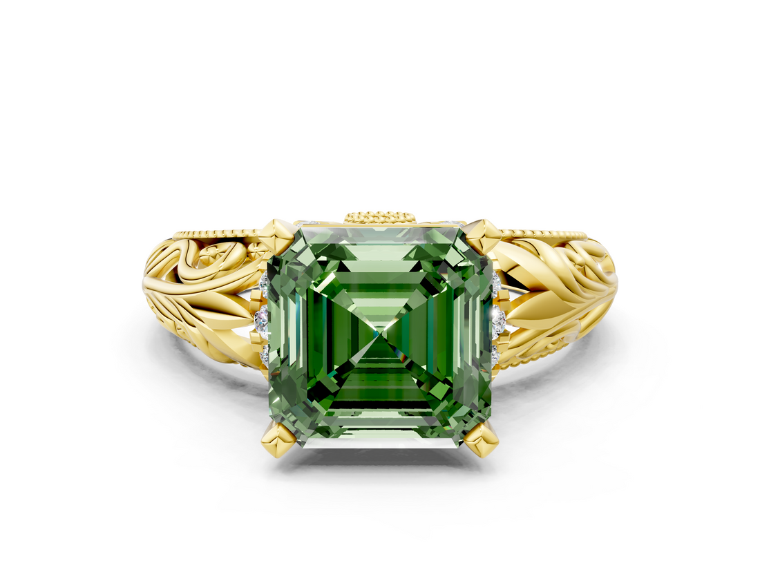 Yellow gold Fancy Green Asscher  Solitaire Filigree Engagement Ring with Halo and Prong Setting_16