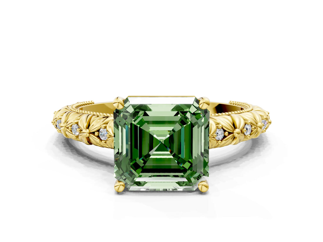 Yellow gold Fancy Green Asscher  Solitaire Floral Milgrain Engagement Ring_31