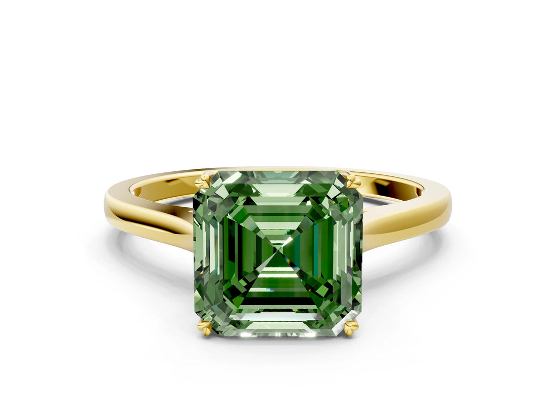 Yellow gold Fancy Green Asscher  Solitaire Heart Prong Engagement Ring with Tapered Band_57