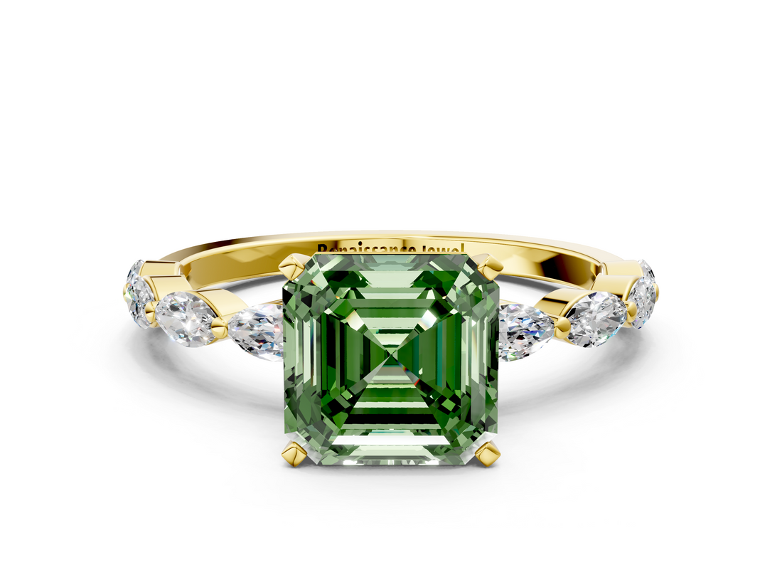 Yellow gold Fancy Green Asscher  Solitaire Marquise Side Stone Prong Setting Ring_17