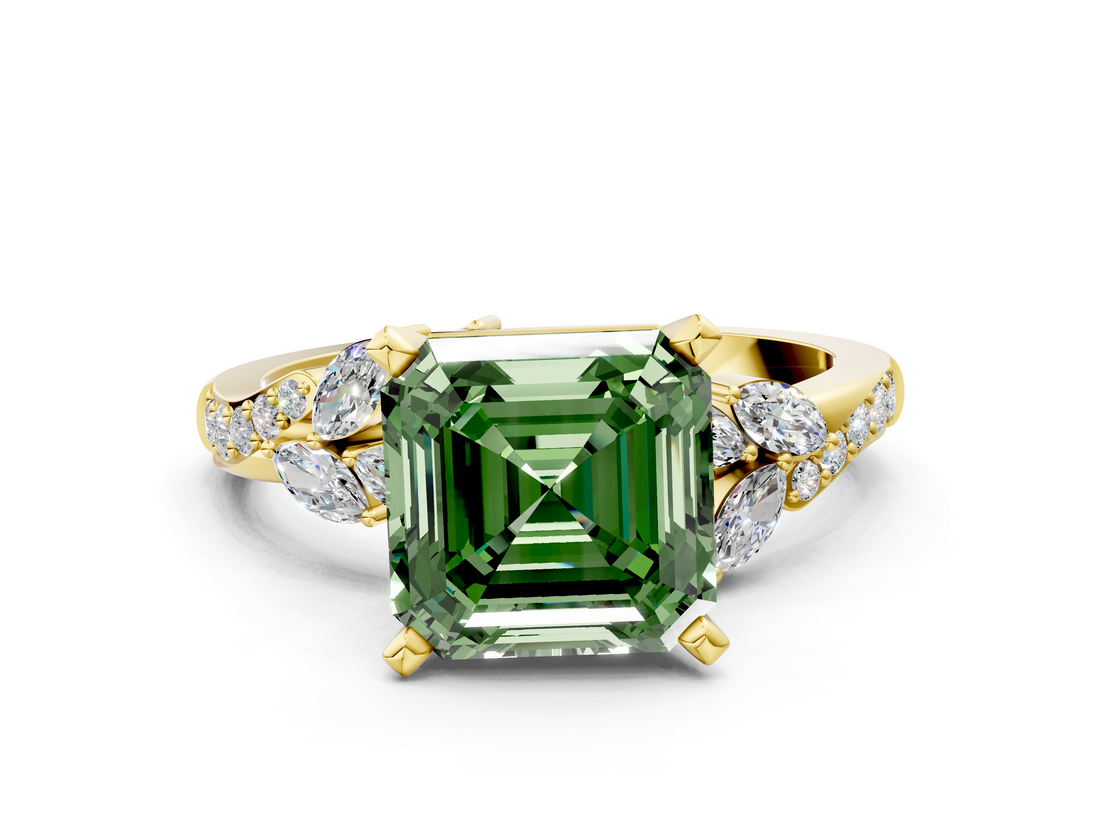 Yellow gold Fancy Green Asscher  Solitaire Marquise Twist Band with Six-Prong Setting