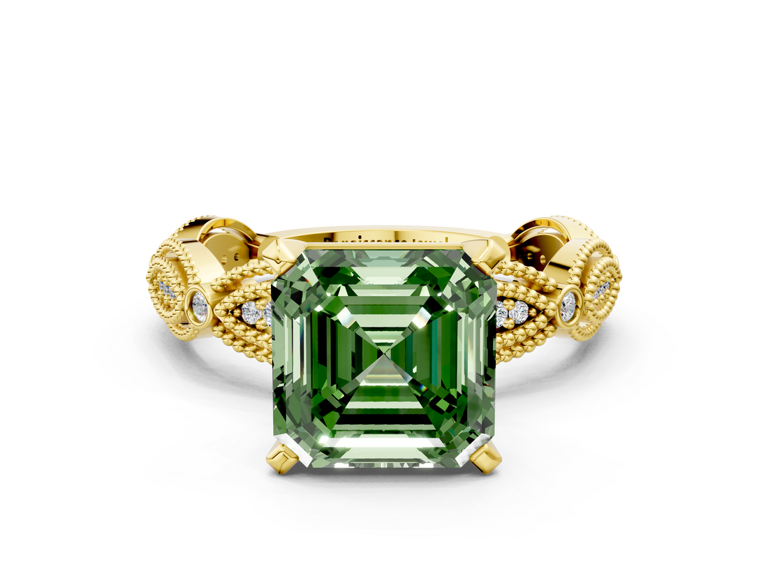 Yellow gold Fancy Green Asscher  Solitaire Milgrain Diamond Engagement Ring with Bezel and Marquise Band