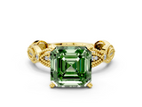 Yellow gold Fancy Green Asscher  Solitaire Milgrain Diamond Engagement Ring with Bezel and Marquise Band