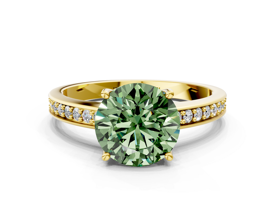Yellow gold Fancy Green Asscher  Solitaire Pavé Band Prong Setting Ring