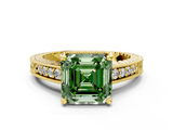 Yellow gold Fancy Green Asscher  Solitaire Pavé Diamond Milgrain Engagement Ring with Four-Prong Setting
