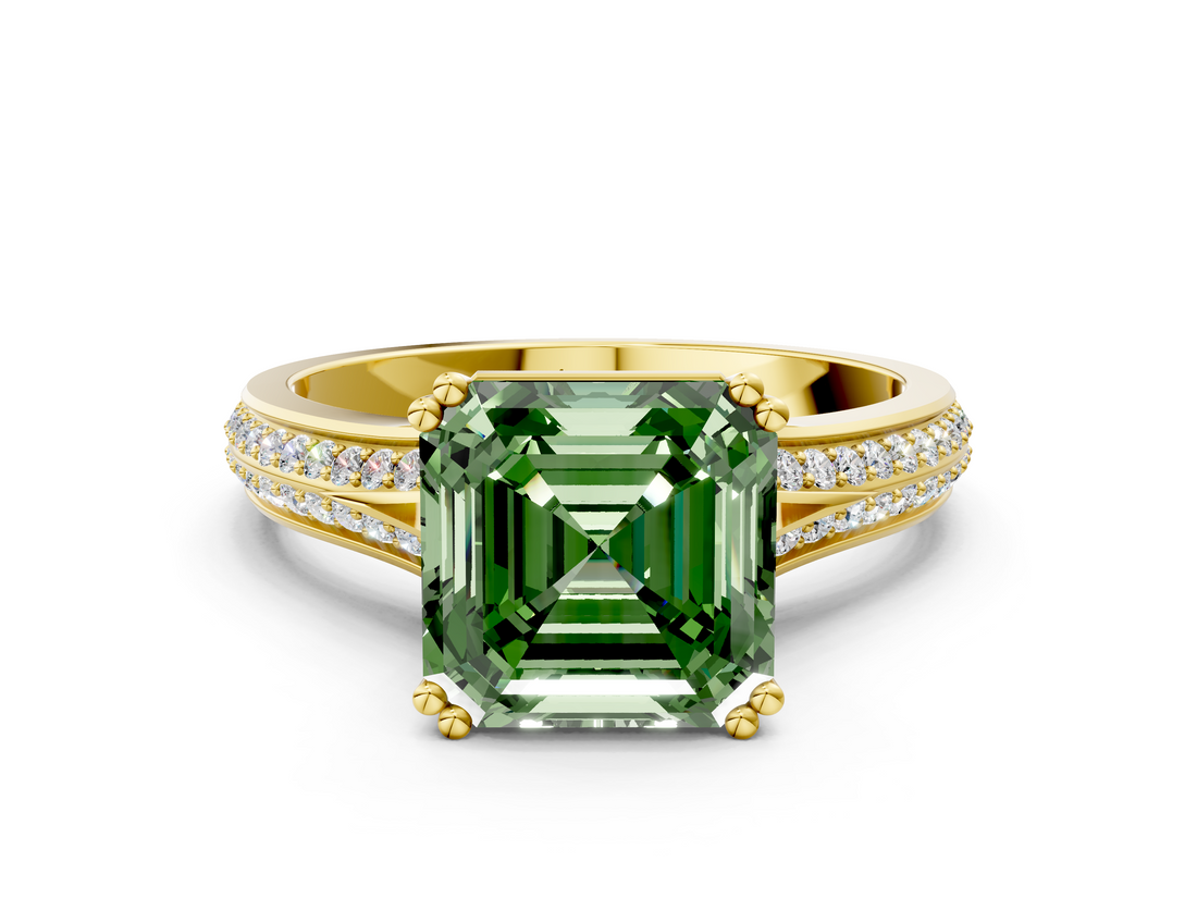 Yellow gold Fancy Green Asscher  Solitaire Pave Split Shank Engagement Ring with Six-Prong Setting_17