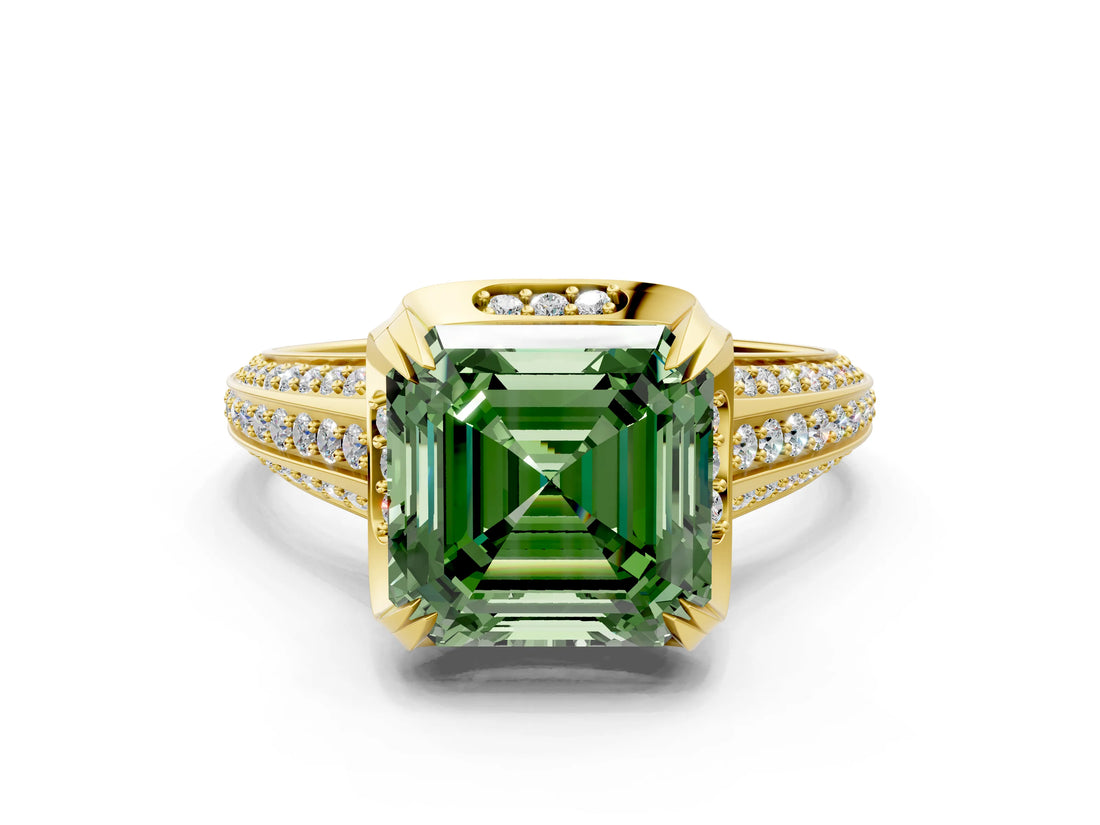 Yellow gold Fancy Green Asscher  Solitaire Pave Split Shank Ring with Four-Prong Setting_91